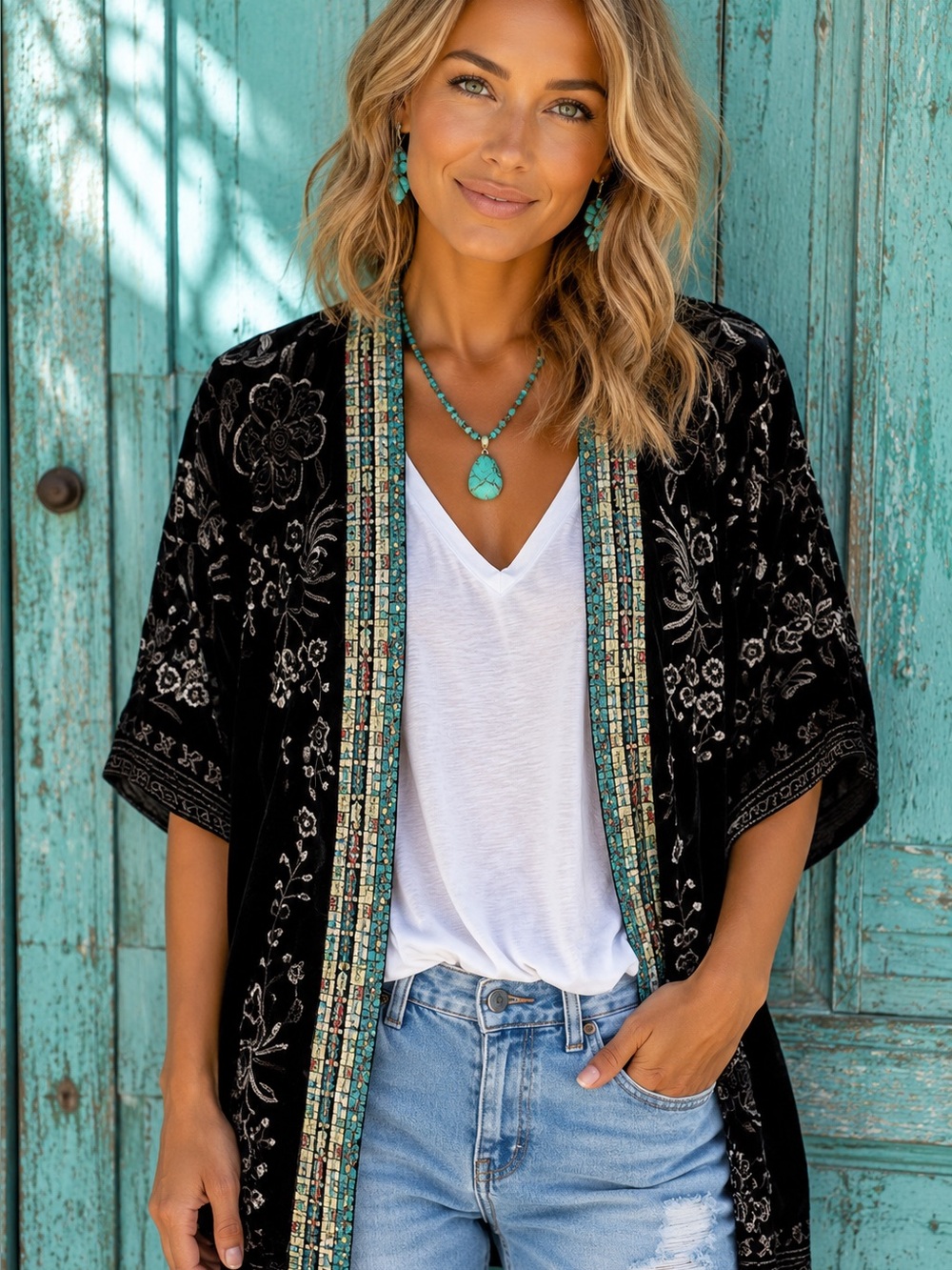 Johnny Was Okinawa Black Velvet Embroidered Kimono/Jacket NWT (short version) - Picture 12 of 13